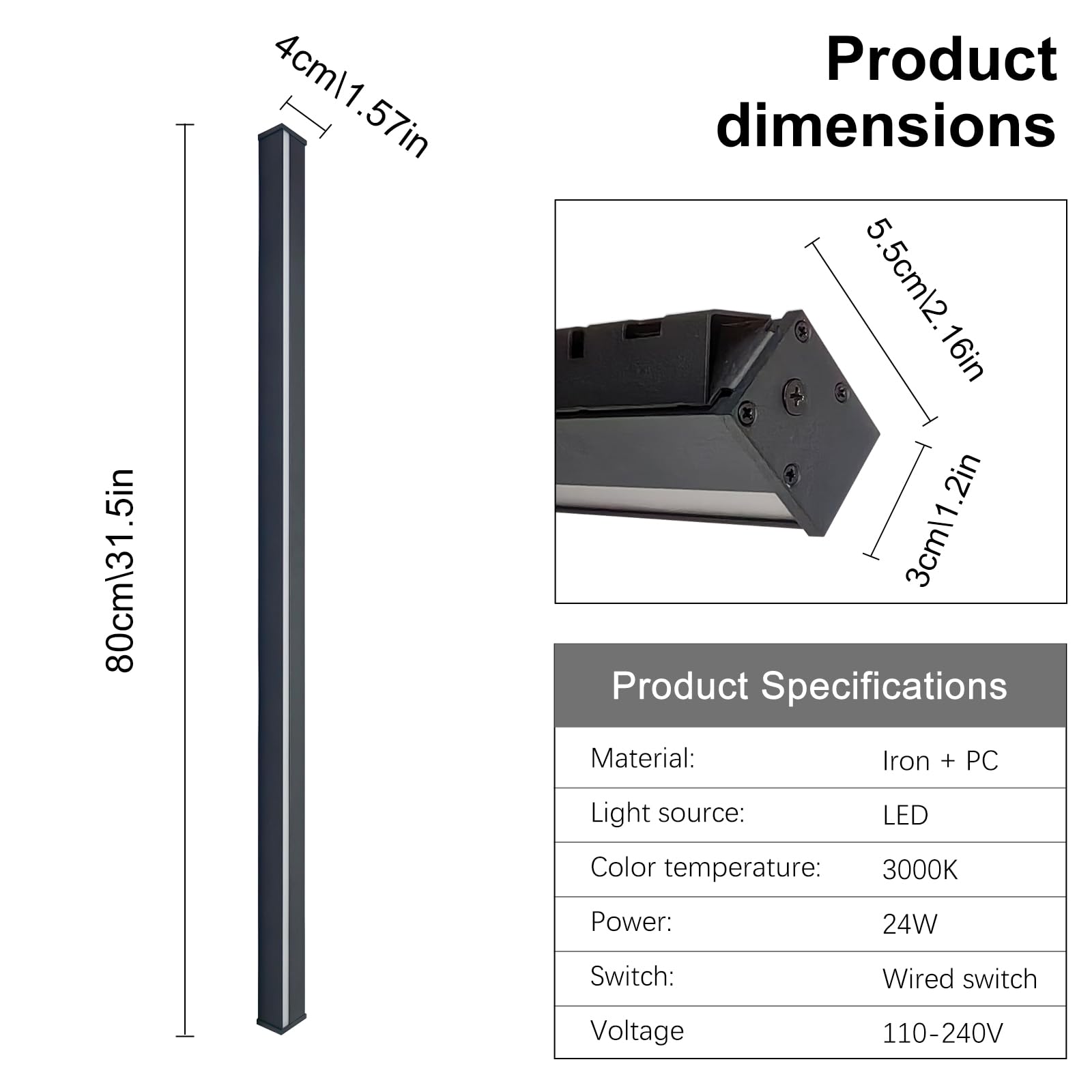 Kinkiet ścienny 31,5 "Czarny Linear LED Kinkiet narożny Długie Kinkiety LED Lampy narożne do salonu, sypialni, pokoju zabaw Twórz żywe imprezy w pomieszczeniach