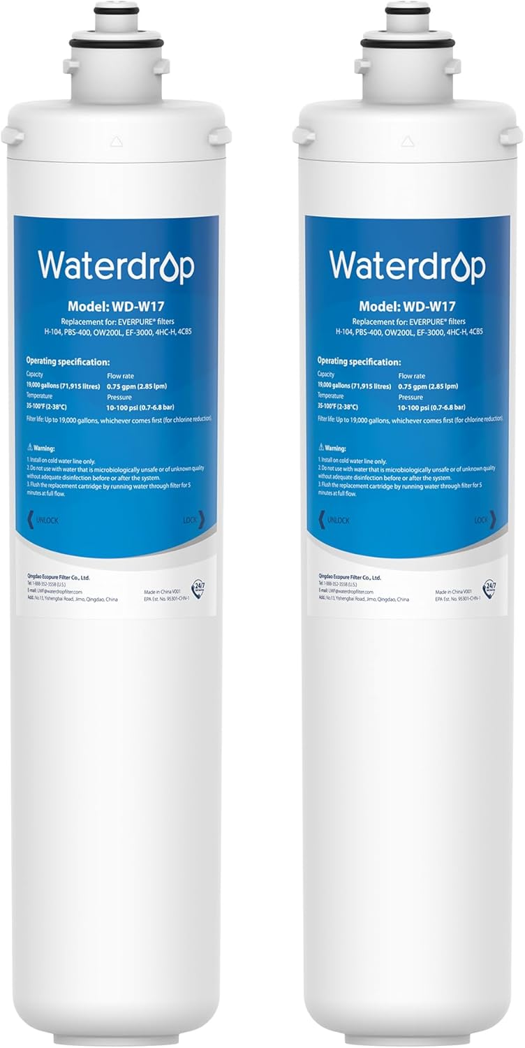 Waterdrop H-104 Replacement for Everpure H-104, EV961211, EF-3000, PBS-400, OW200L, 6TO-BW, MR-100, MR-225, EV9262-71, EF9857-00, 0.5 Micron, 19000 Gallons, Pack of 2