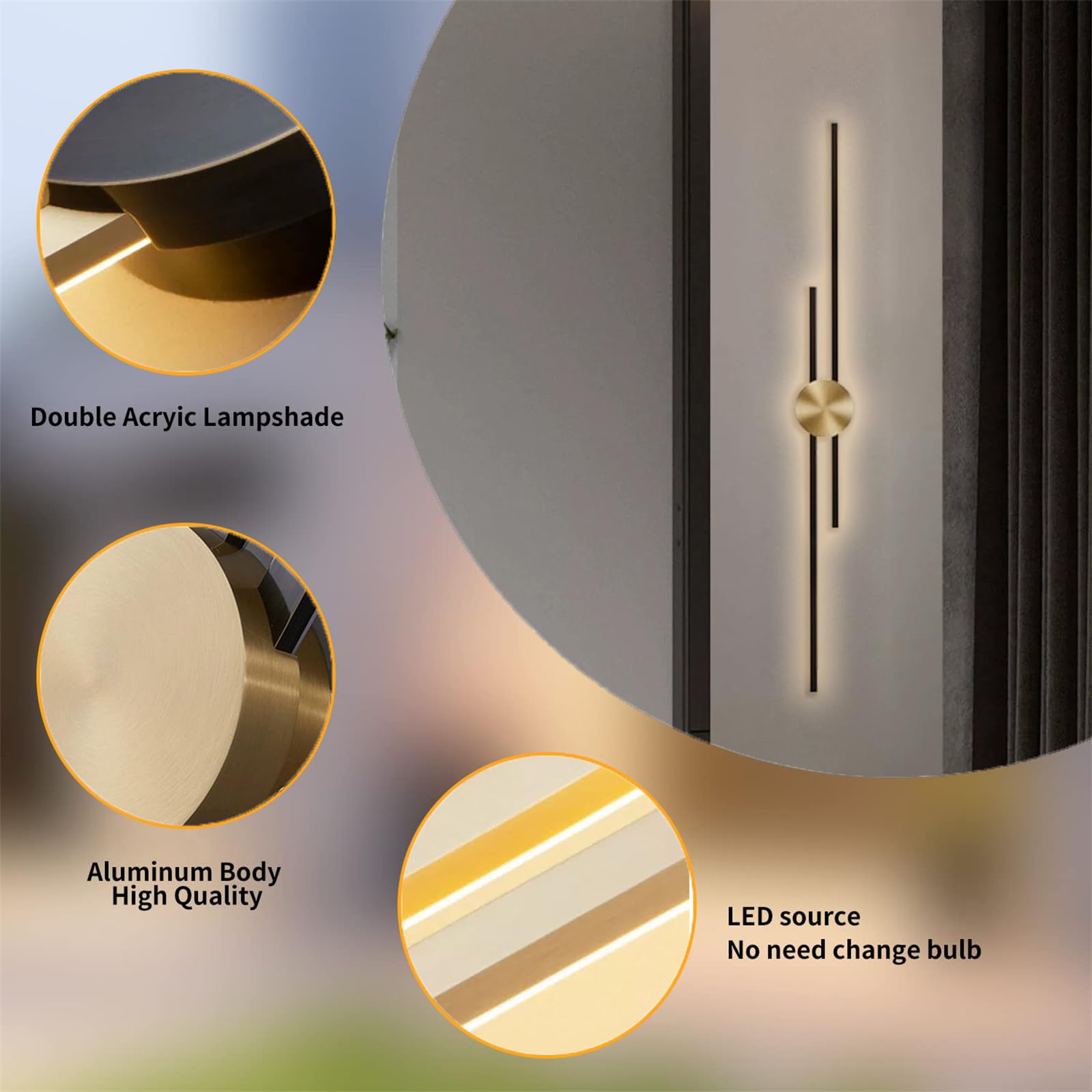 Lampa ścienna do wnętrz, możliwość ściemniania z pilotem zdalnego sterowania, LED, długa, aluminiowa, do salonu, korytarza, schodów, czerni i złota (122 cm, czarny)