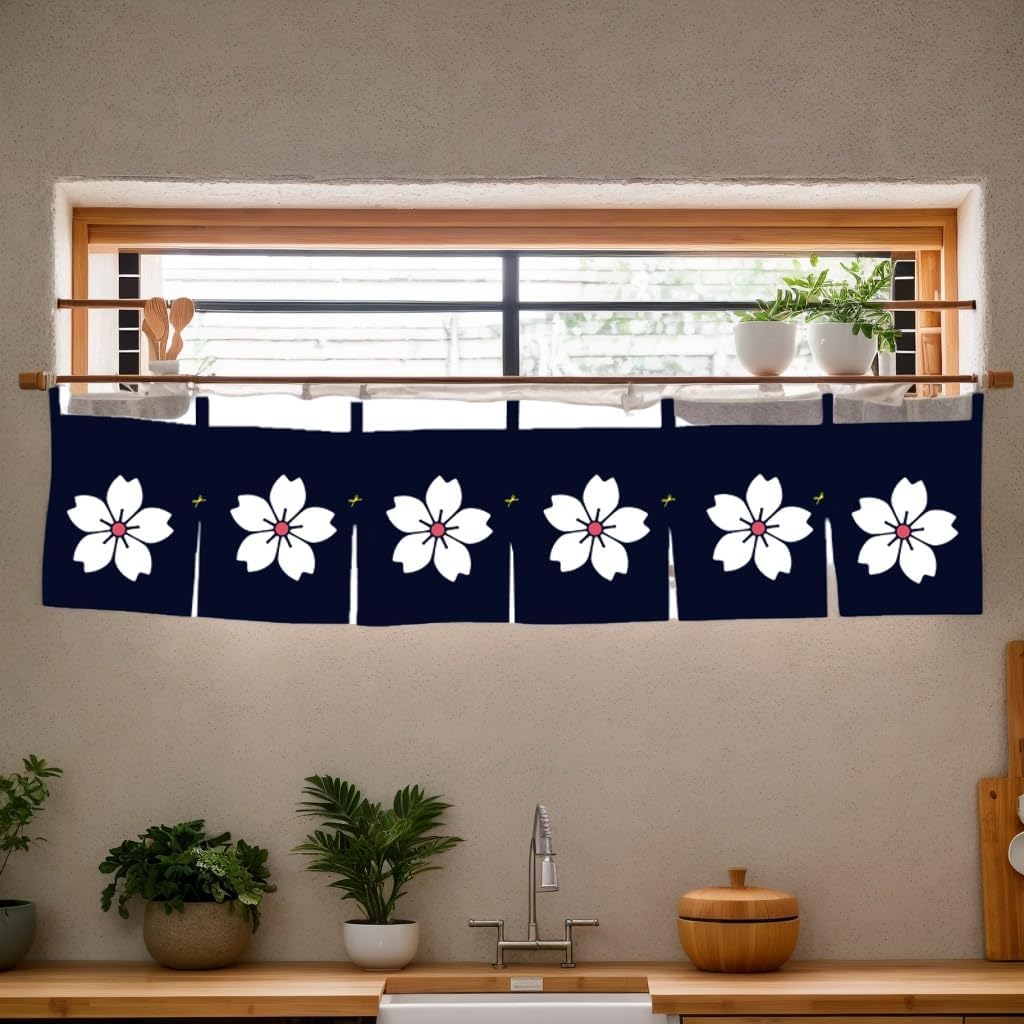 Noren (Japanese Curtain) Sakura Pattern Doorway Short Curtain for Japanese Sushi Bar Decoration 40×90CM,Blue