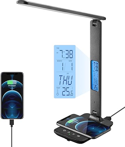 Miniatura 7 de Poukaran Lámpara de escritorio, lámpara de escritorio LED con cargador inalámbrico, puerto de carga USB, lámpara de mesa con reloj, alarma, fecha,