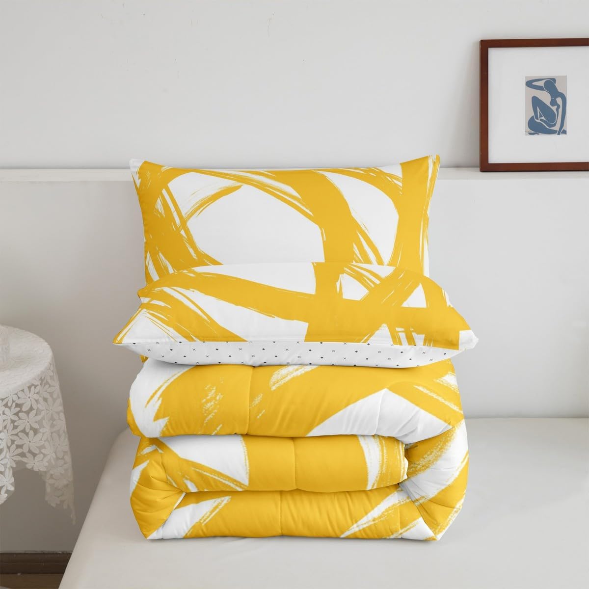 Erosebridal Yellow and White Abstarct Queen Comforter Set for Adult Women Men, Geometric Striped Bedding Set for Minimalists,Graffiti Aesthetic Lines Quilt,Contemporary Boho Modern Art Duvet Insert