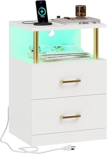 Miniatura 18 de VIAGDO Juego de 2 mesitas de noche negras con estación de carga y puertos USB, mesita de noche LED con 2 cajones, mesas auxiliares modernas con