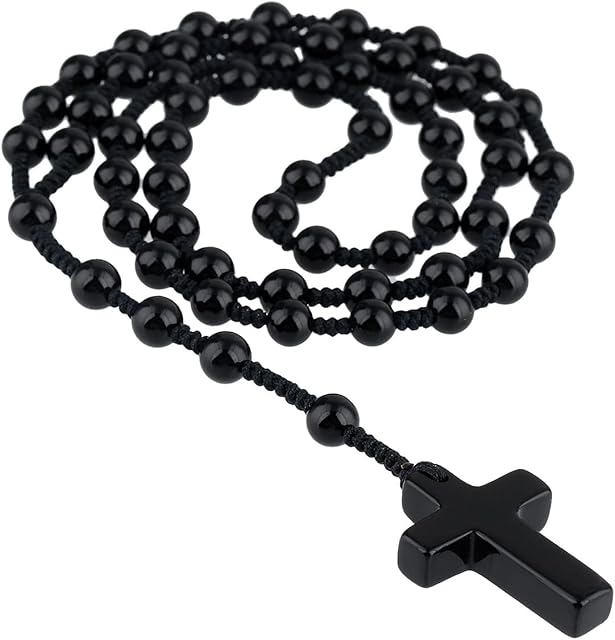 Nupuyai Crystal Stone Bead Cross Pendant Necklace for Men Women, Catholic Rosary Hand Knotted Necklace 62cm