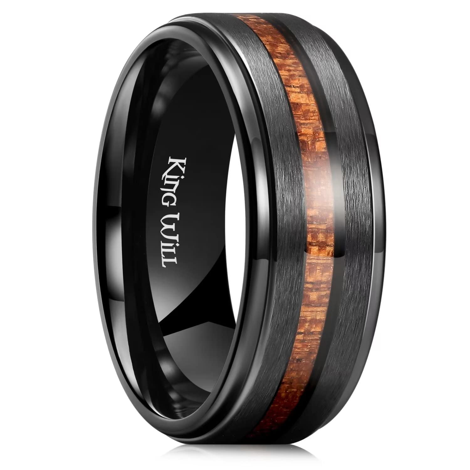 King Will Titanium Wedding Band for Men 7-8mm Black/Silver/Gold Titanium Men Ring with Koa/Maple Wood Inlay, Wooden Wedding Ring for Men Women Comfort