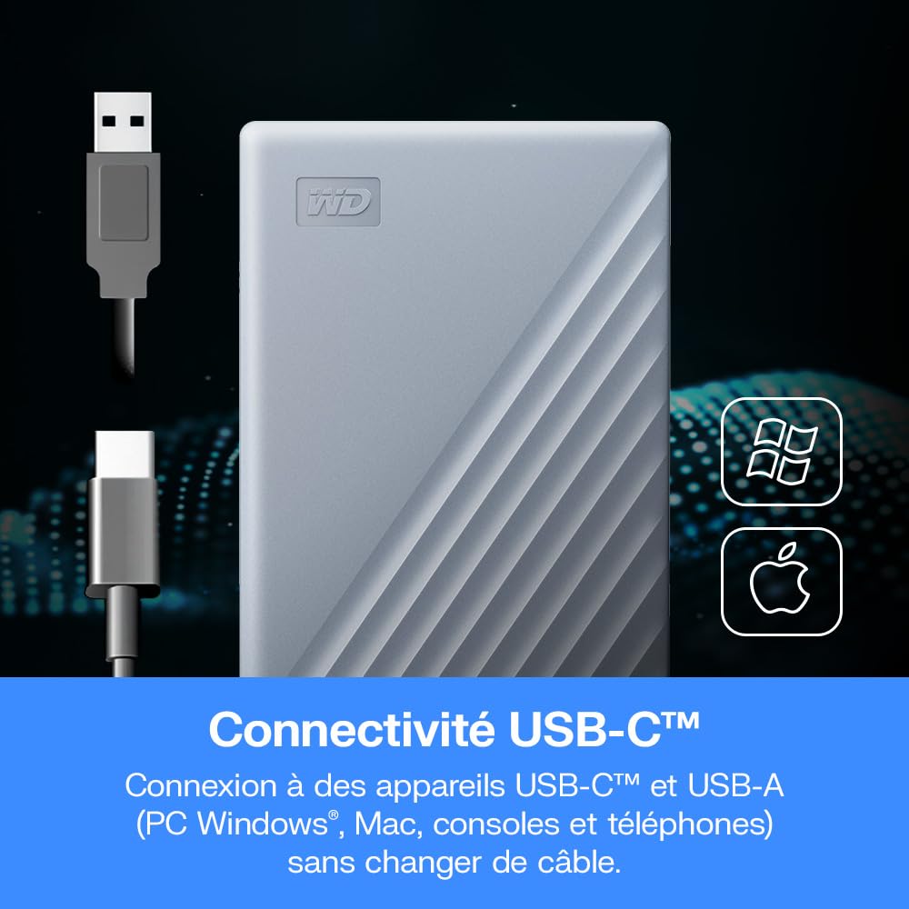 WD 2To My Passport Disque Dur Externe Portable, Fonctionne avec appareils USB-C et USB-A, Sauvegarde et protection par mot de passe, USB 3.2 Gen 1,