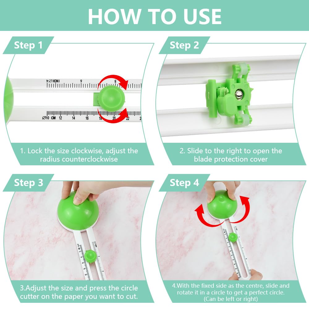 Coupeur de Papier Circulaire, Coupeur de Cercle Papier avec 3 Lames de Rechange, Coupe-Cercle Rotatif, Cutter Circulaire Plastique Réglable, pour Scrapbooking Cartes de Vœux Artisanat, Vert