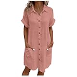 Tshirt Dress with Pockets Womens Button Down Shirt Dress Summer Shorts Sleeve Cotton Linen Casual Midi Dress