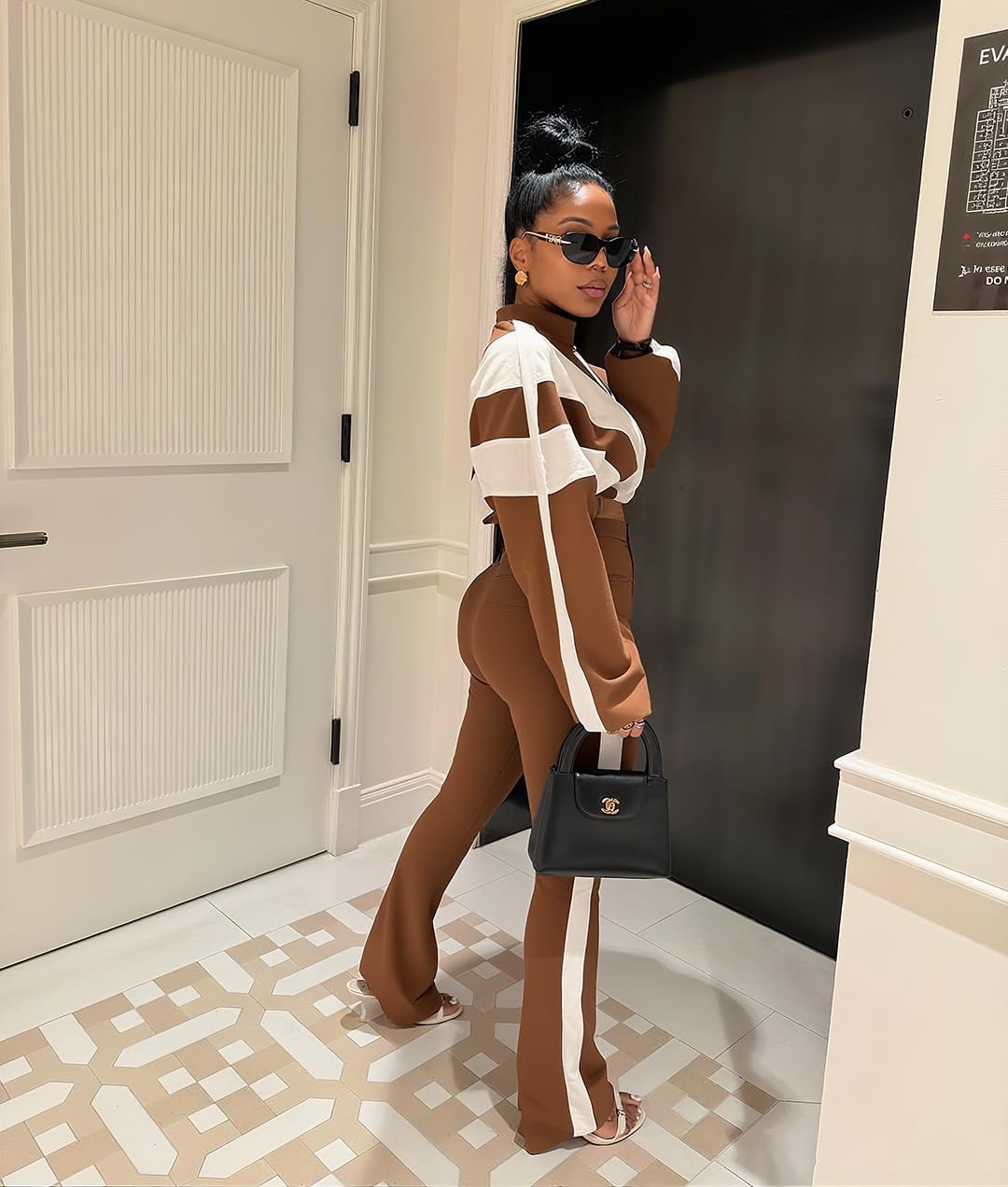 Women 2 Piece Outfit Long Sleeve Zip Up Crop Jacket High Waist Stretchy Pants - Image 3