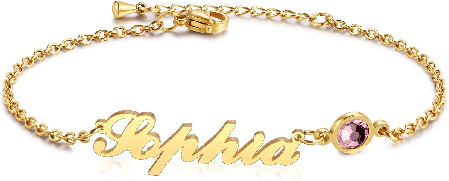 MMXX Personalized Name Bracelet or Anklet for Women Custom Gold/Silver/Rose Gold Nameplate Bracelets with Birthstone Gift for Mother Girlfriend Daughter