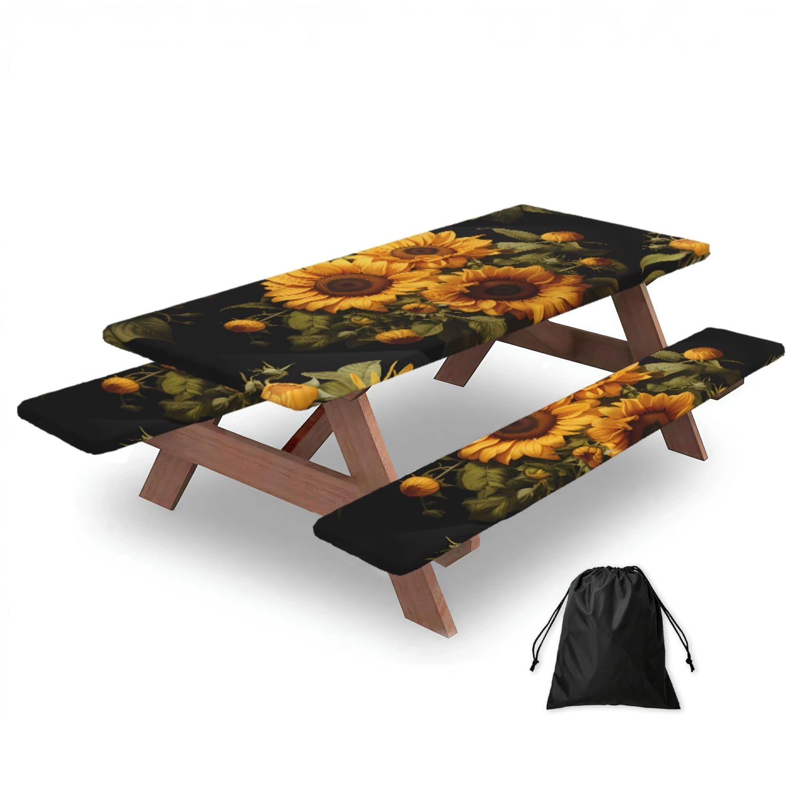 Erwqavc Black With The Yellow Sunflower Print Picnic Table Cover & Bench Covers 3-Pack Set, Elastic Tablecloths For 6 Ft Rectangle Tables