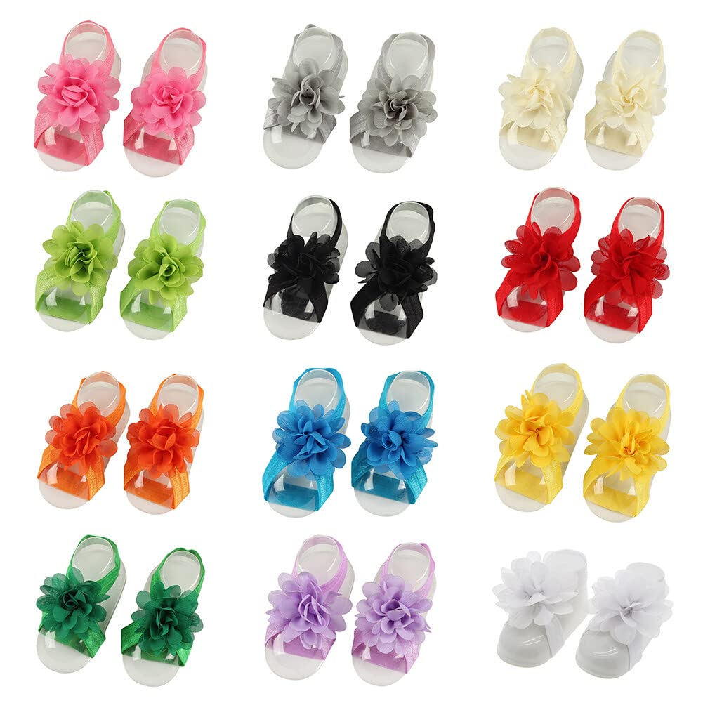 Eforcase 12 Pairs Baby Girl's Barefoot Sandals Flower Baby Barefoot Sandals for Newborn Infants Toddlers Girls