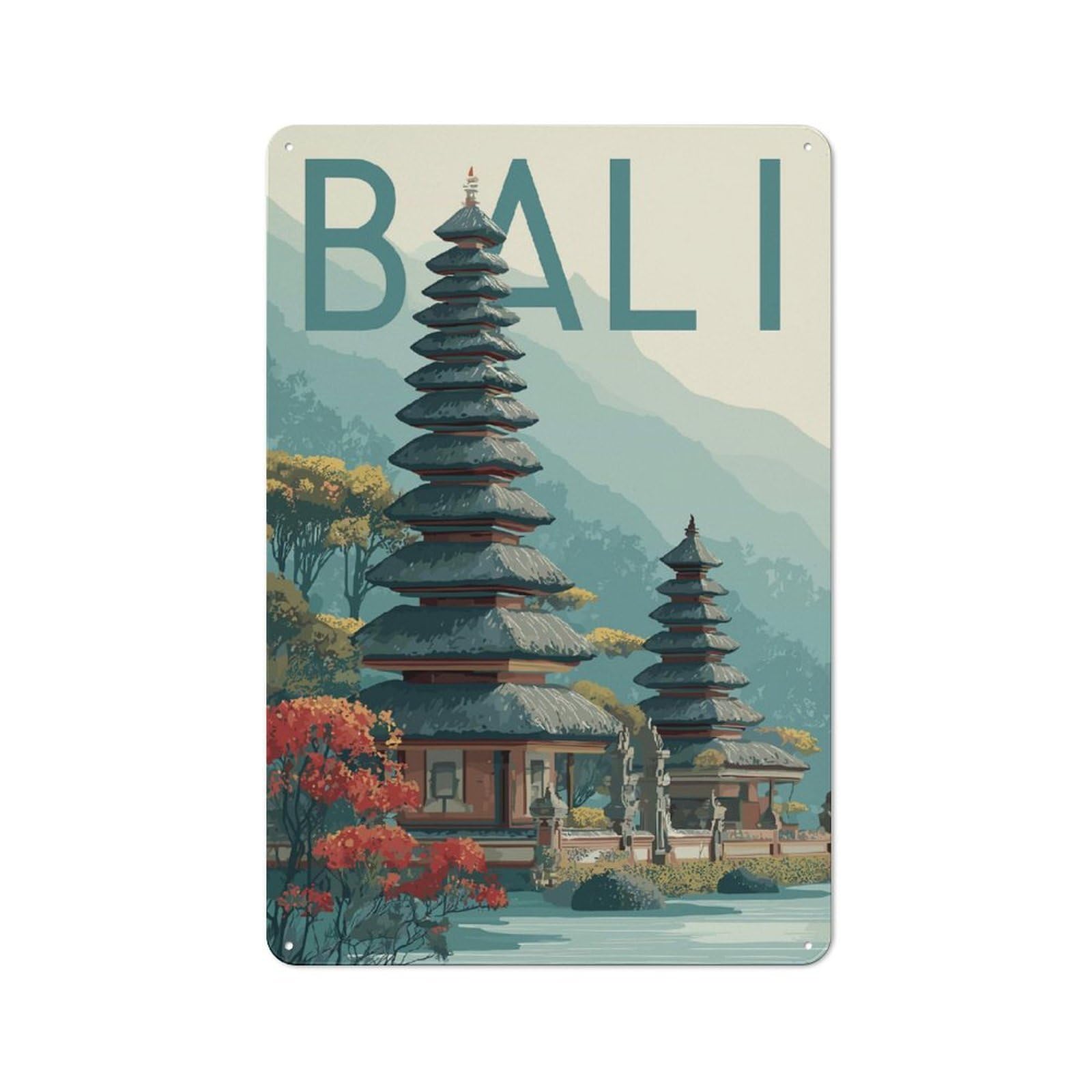 Junmoney Style-23 Metal Wall Sign 30X20cm Featuring Bali Temple Illustration For Café Or Home Bar, A Decorative Gift For A Newly Furnished Café And Home Bar