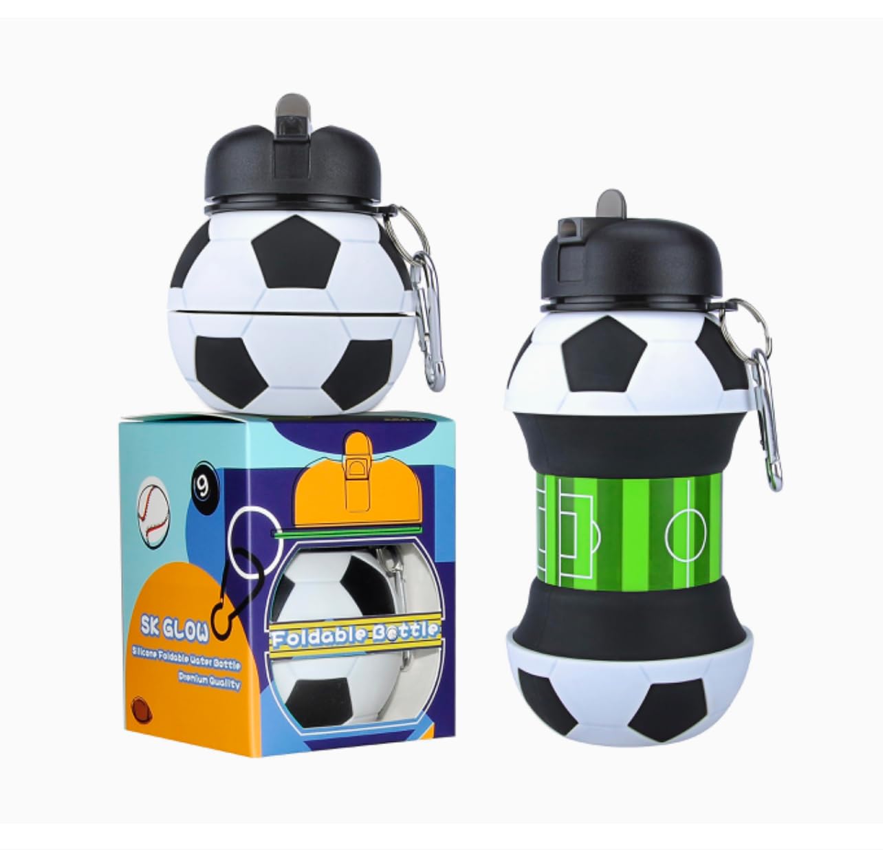 MR SAARO Kids 34 OZ Sports Silicone BPA-Free Water Bottle, Collapsible Football Shape Foldable and Leak Proof Water Bottle for School Kids,Travel,Hiking,Riding and for Movements.