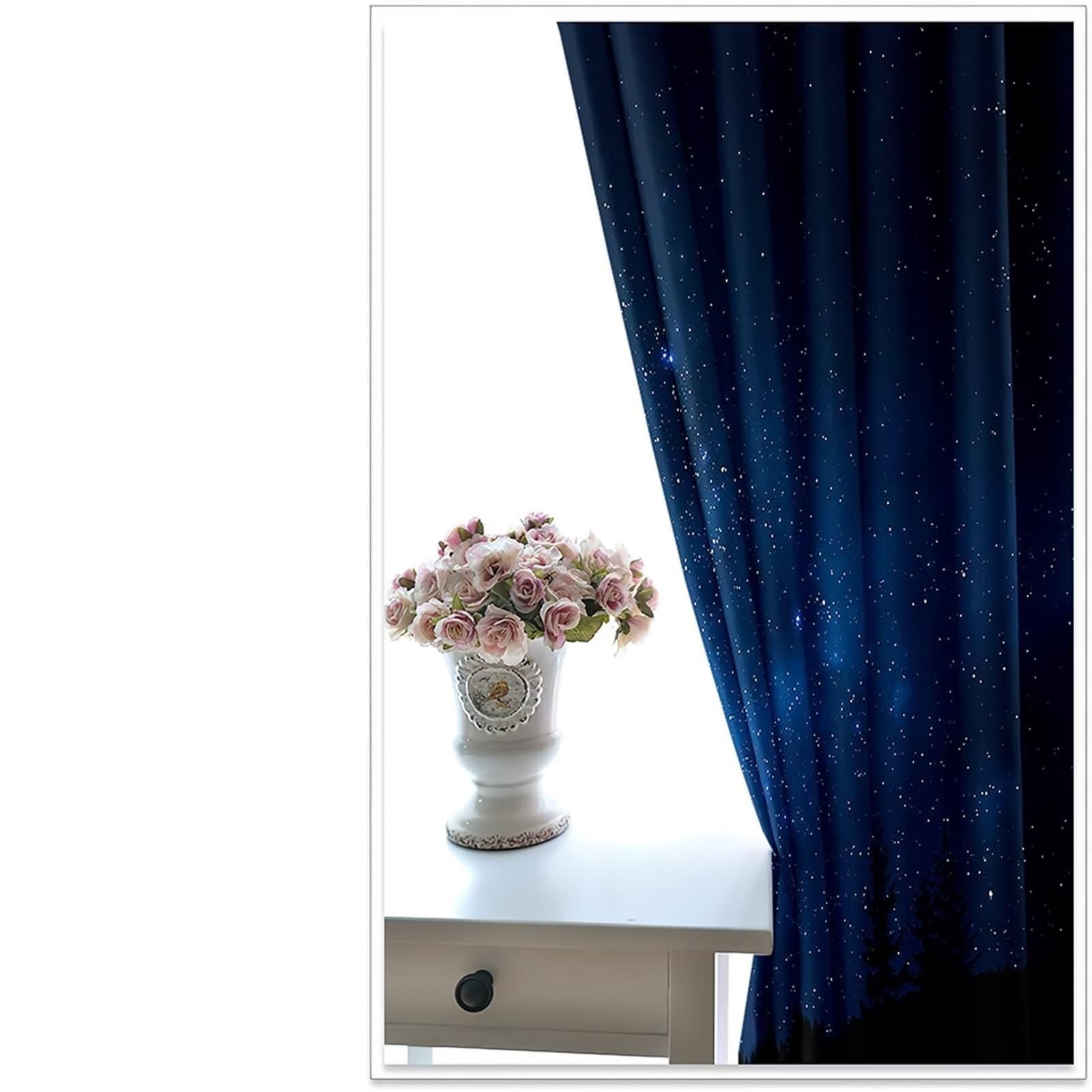 Zasłona okienna, elegancka zasłona do salonu granatowa czarna gwiaździste niebo i krajobraz lasu poliester 2 panele 214 x 183 cm