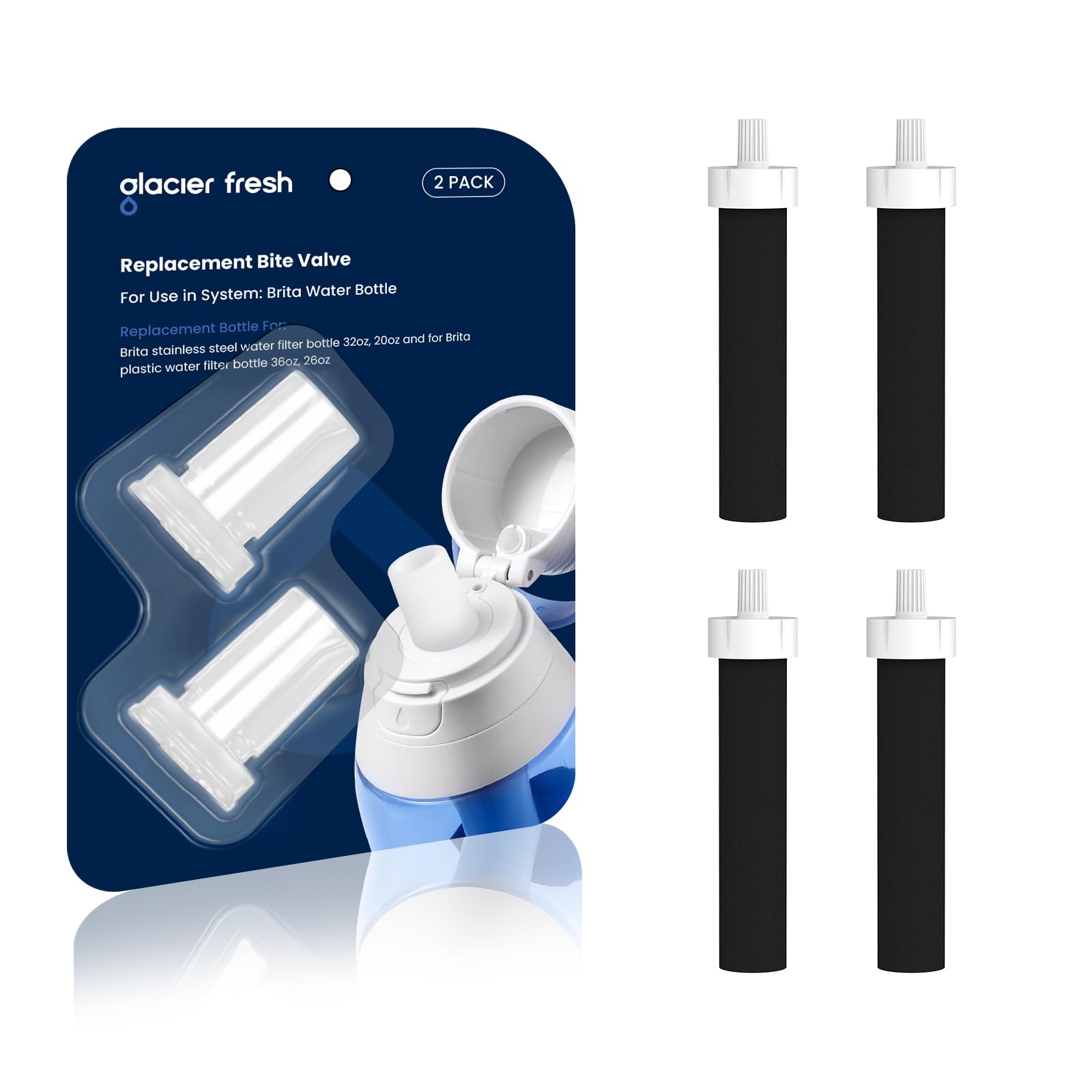 GLACIER FRESH 4 Pack Bottle Filter and 2 Pack Silicone Bite Valve Replacement for Brita BB06, Hard Sided, Sport, Stainless Steel and Plastic Water