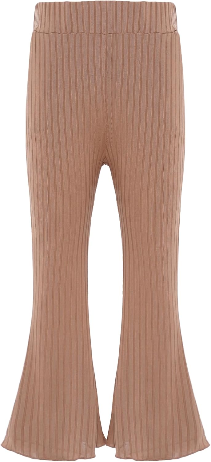 Linjinx Kids Girls Ribbed Knit Flared Pants Elastic Waist Ruffle Leggings Yoga Dance Bell Bottoms Tights Trousers