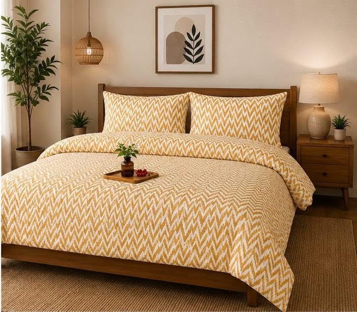 Image of NEW LEAF Cotton Fitted King Bedsheets with 2 Pillow Covers | Elastic Fitted | Wrinklefree | Ultrasoft |Winter Bedsheet 200 to 220 tc Floral | 78x72+10 Inches, Mustard Yellow