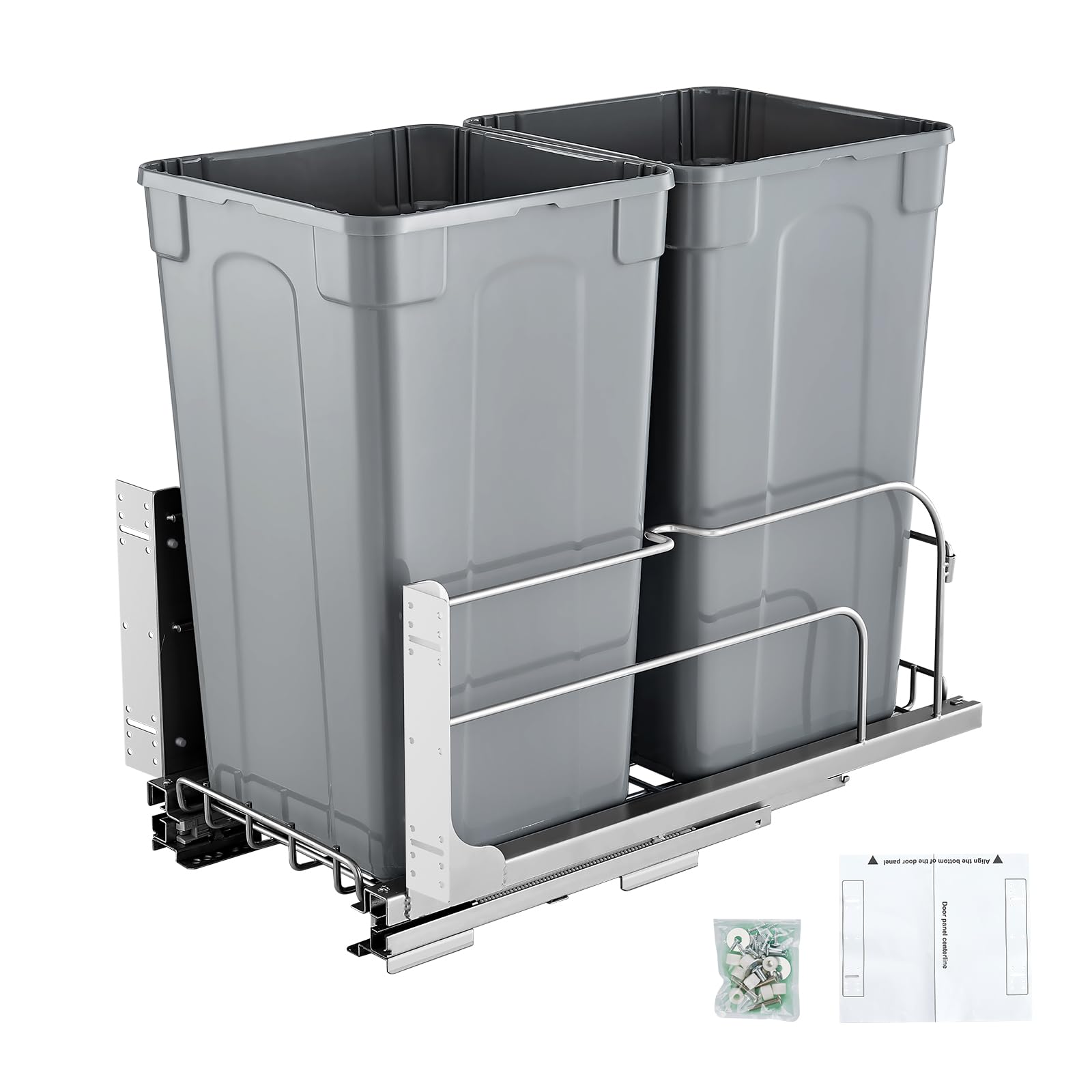 vevor pull-out trash can, 27 qt x2 double under mount kitchen waste container, heavy duty garbage recycling bin with door kit and soft close slide, for kitchen cabinet, sink, under counter (grey)