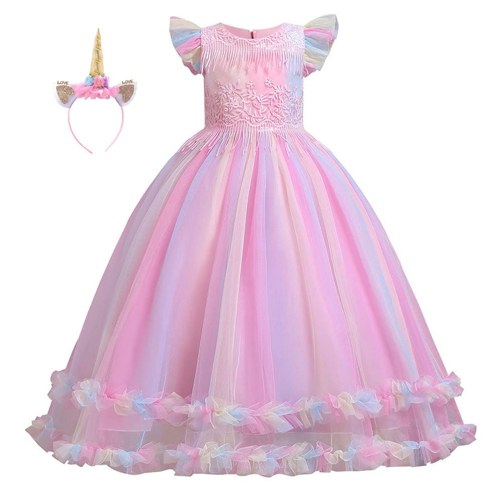 HOIZOSG Girls Unicorn Rainbow Tulle Dress Princess Birthday Halloween Christmas Pageant Dance Party Ball Gown w/Headband