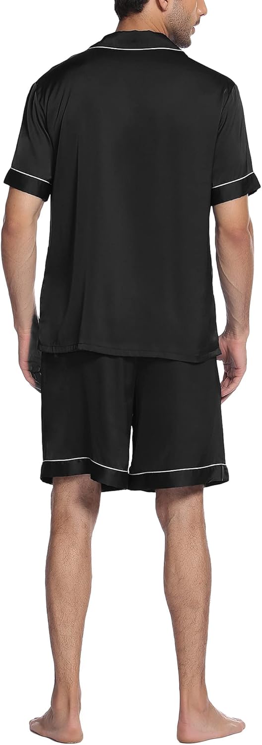 Ekouaer Mens Satin Pajamas Set Button-Down Short Sleeve Shirt Top Soft Silk Sleepwear Shorts with Pockets - Image 6