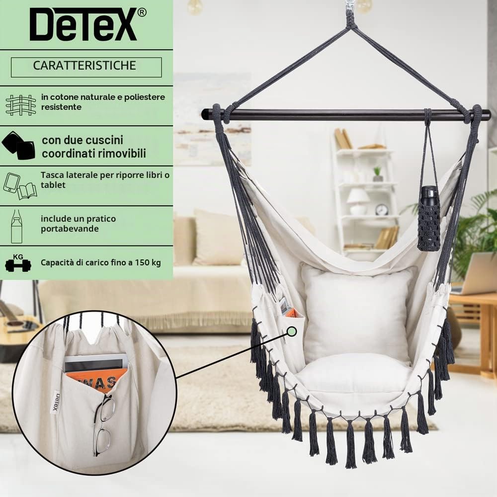 Detex Sedia Sospesa 150 kg Boho Style 2 Cuscini XL Amaca a Poltrona Portabevande Girevole 360°