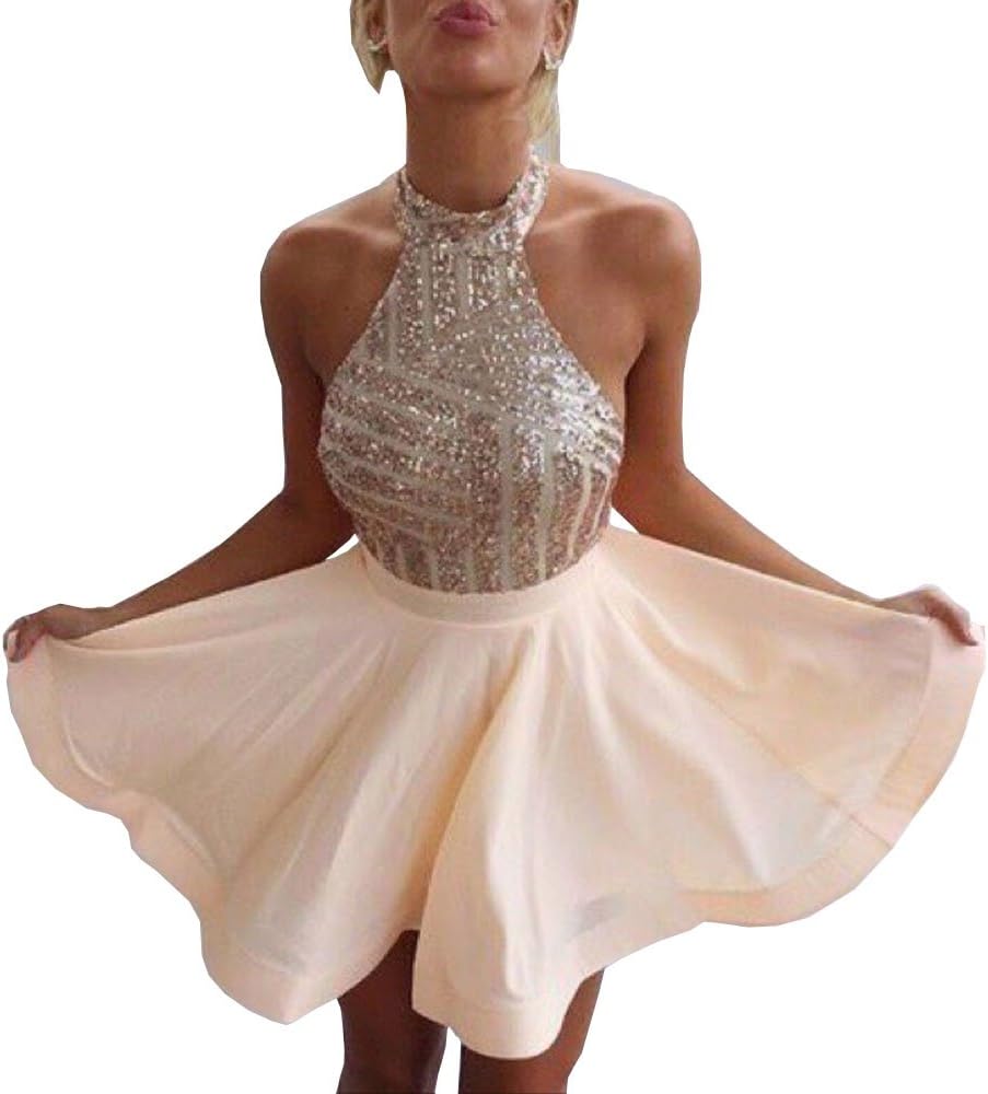 DYS Women's Short Halter Prom Party Dress Backless Homecoming Dress for Juniors