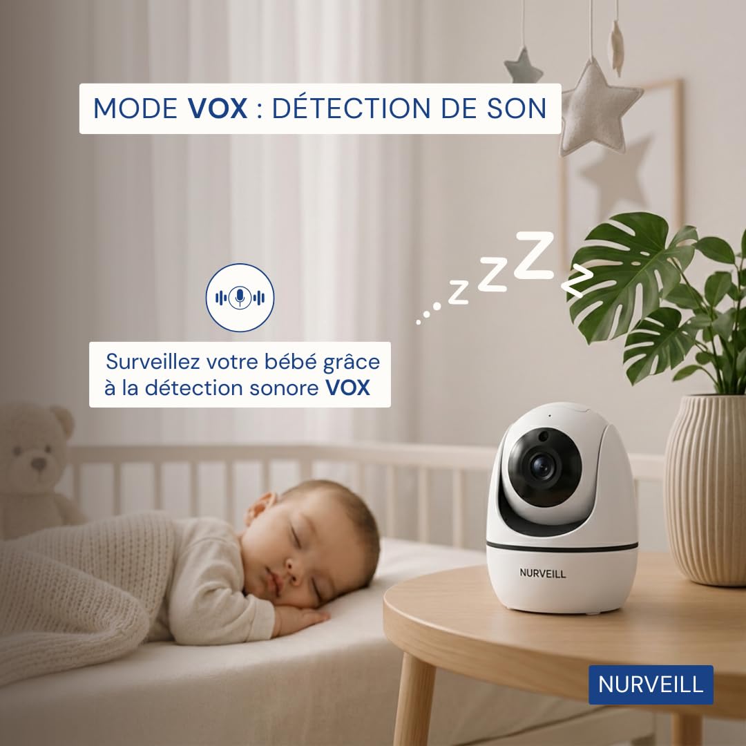 Babyphone Camera 360° Sans WIFI 5 Pouces HD Vision Nocturne Bruits blancs et Berceuses intégrées Détection VOX Audio Bidirectionnel Camera bebe Surveillance longue portée Moniteur Bébé Vidéo.
