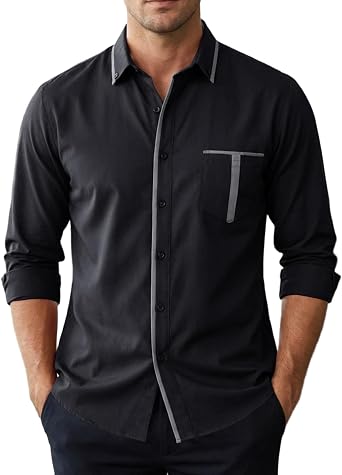 Men's Casual Long Sleeve Shirts Retro Work Comfortable Tops Button Down Solid Shirt with Pocket, M-3XL