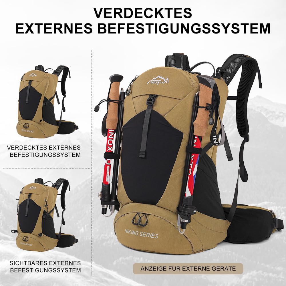 INOXTO Wanderrucksack 25L, mit 3L Wasserbeutel leichter Wanderrucksack mit Regenschutz für Bergsteigen, Wandern, Camping, OutdoorSportarten für Damen und Herren (Khaki, standard)