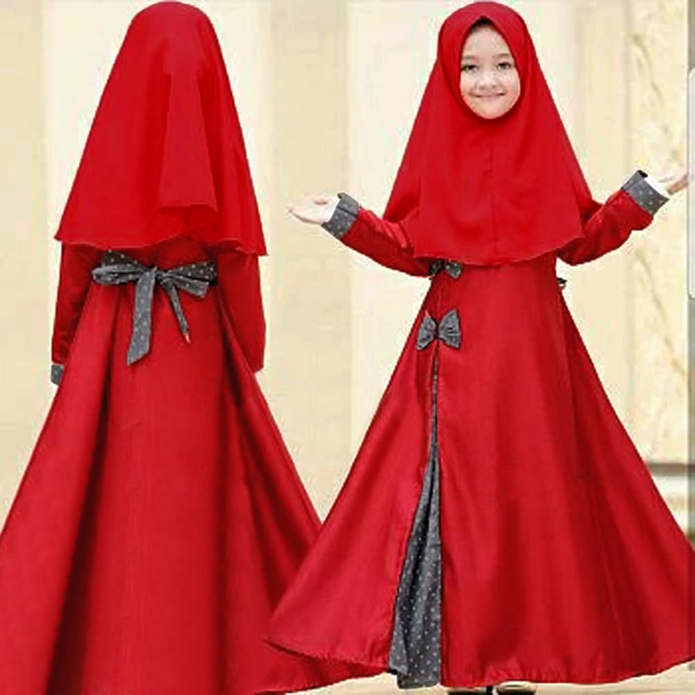 Abayas for Girls Abaya Dubai Kaftan Prayer Dress and Scarf Hijab Kids Muslim Long Sleeve Color Block Bow Tie Arabian Robe Ramadan Maxi Ruffle Dresses Modest Islamic Clothes Red 5-6 Years