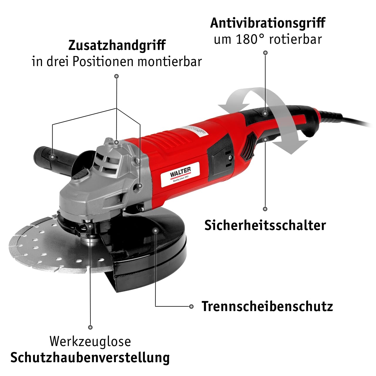 WALTER Winkelschleifer 2000 Watt, Scheiben-Ø: 230 mm, Polieren, Flexen, Flächen und Kanten schleifen, Rost entfernen, Messer schärfen, Bearbeiten harte Werkstoffe wie Stein & Metall, Beton, Fliesen