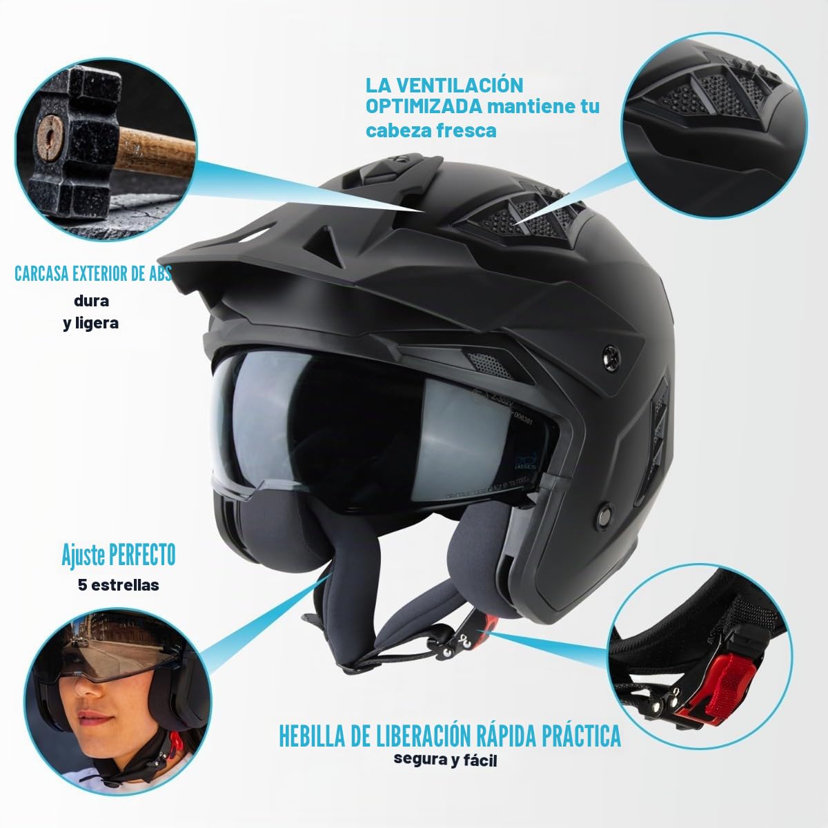 VINZ Kioto Casco Jet con Visera Solar | Casco Streetfighter para Scooter & Moto & Ciclomotor | ECE 22.06 Homologado | En Tamaño XS - XXL | para Hombre y Mujer