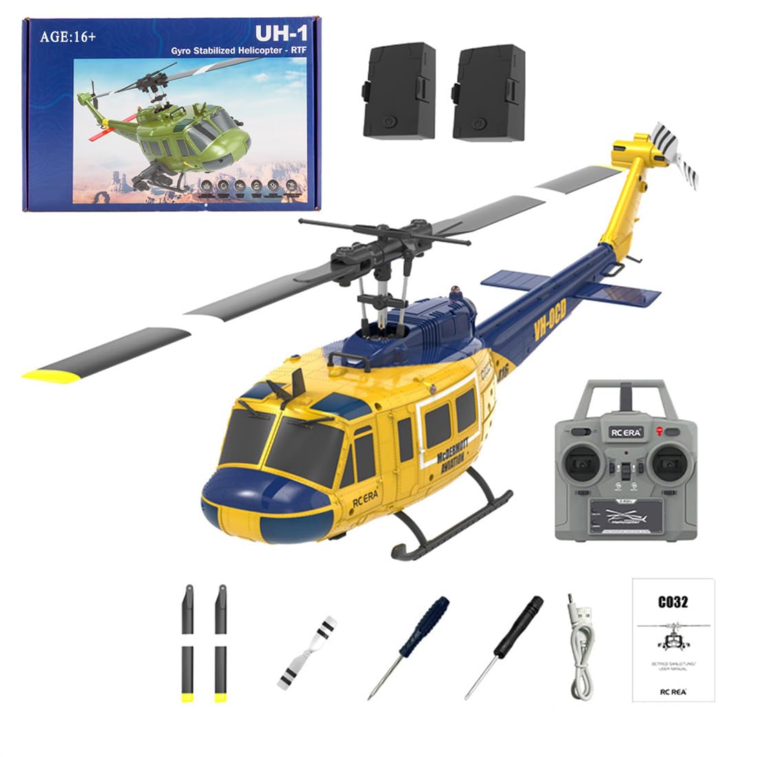 C032 UH-1 Huey RC Helicopter for Adults, 1/48 Scale 2.4G 6CH Flybarless Stunt RC Plane 6-Axis Gyroscope Optical Flow Positioning, TOF Lidar Height