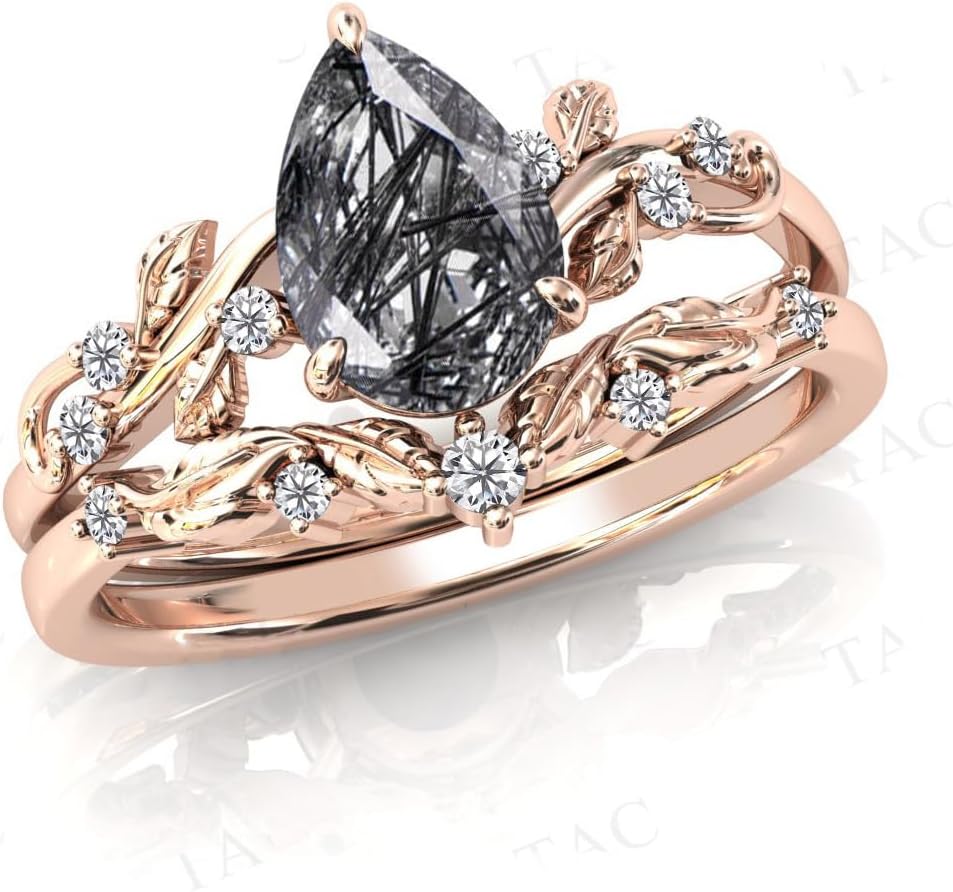 Natural Pear Black Rutilated Quartz Engagement Ring Set 925 Sterling Silver Rings for Her with Free Engraving Jewelry Gift for Women Black Rutilated Quartz Vintage Ring Set Size - Image 5