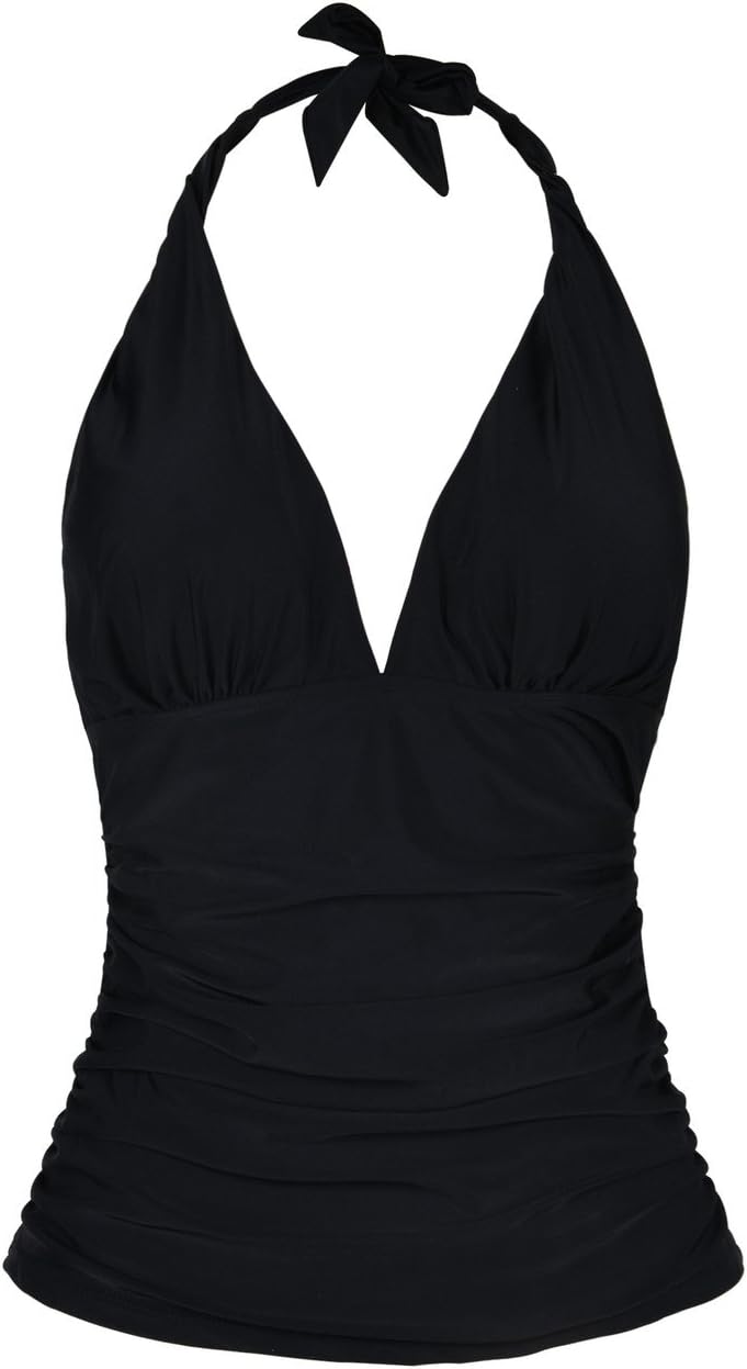 HilorWomen's Plunging V Neck Halter Swim Tops Shirred Tankini Top Black 10