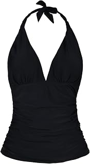Women's Plunging V Neck Halter Swim Tops Shirred Tankini Top Black 16