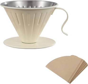 Premium Pour Over Coffee Maker - Professional Extraction, Food-Safe Design & Easy Clean | Includes 100 Natural Filters | Perfect for Home, Office & Travel Use by Coffee Enthusiasts Off white, Small