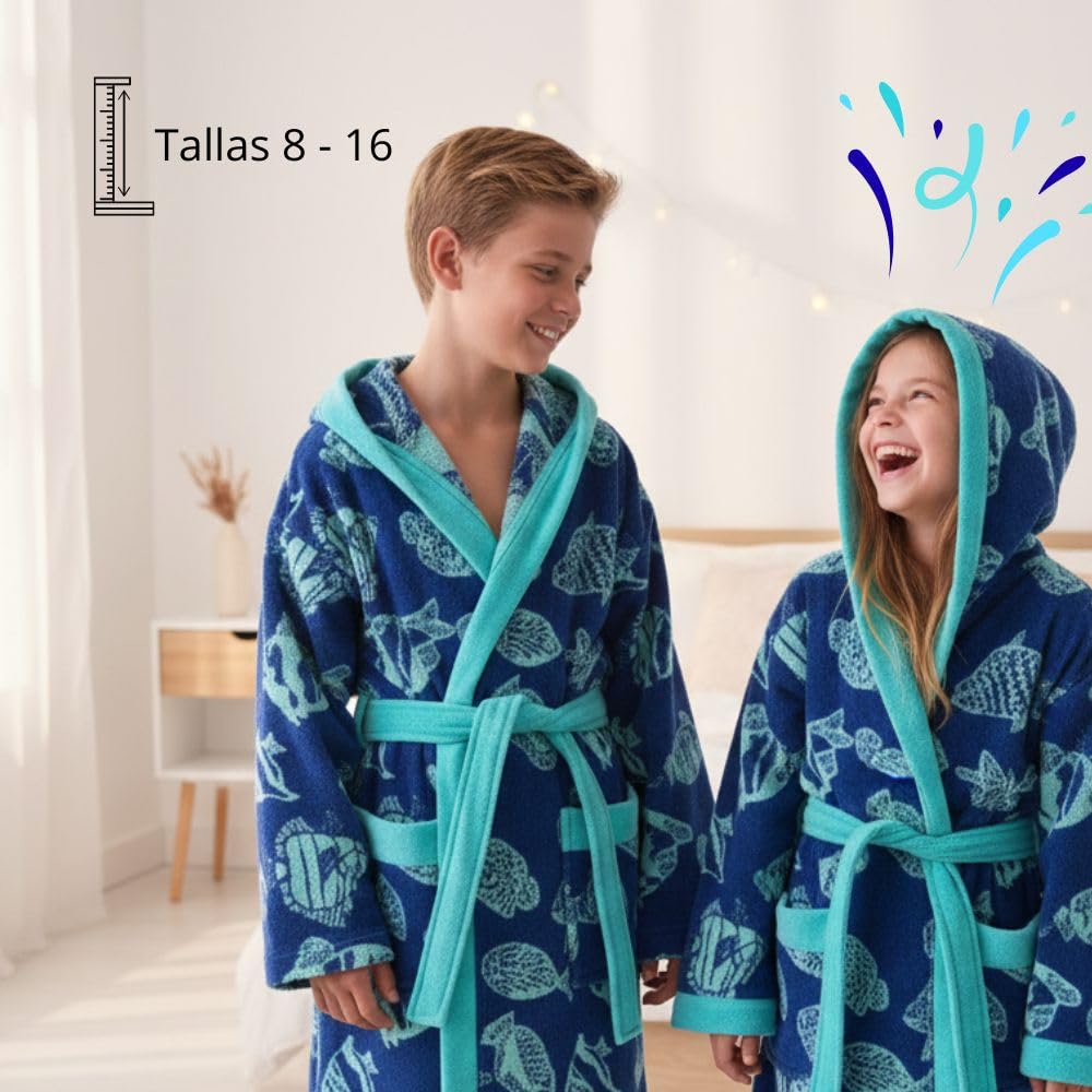 Albornoz Niño Niña Adolescente 100% Algodón OEKO-TEX® Toalla Rizo Bolsillo Cinturón Capucha Ducha Piscina