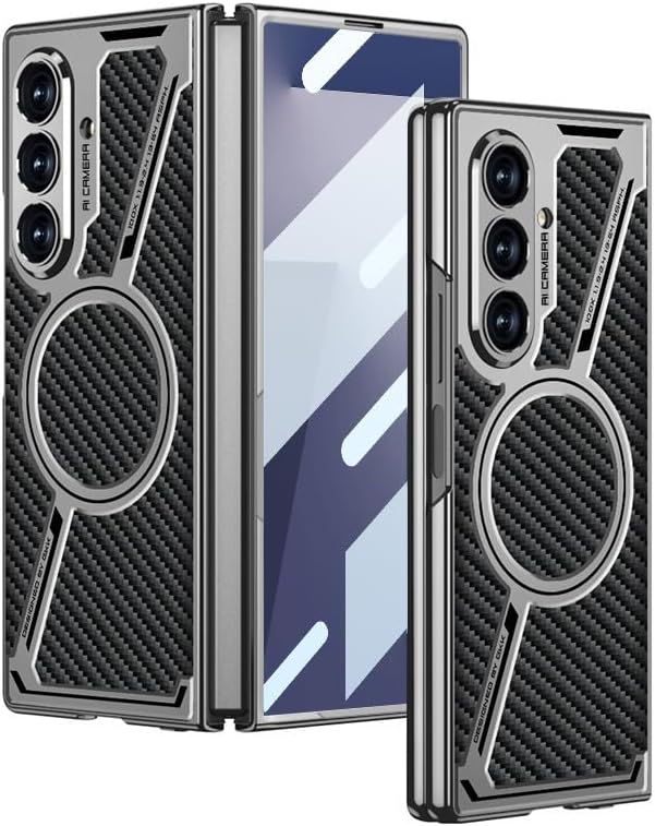 Folding Leather Phone Case for Samsung Galaxy Z Fold 7, Built-in Magnetic Ring, Glass Screen Film (Carbon Fiber Pattern)