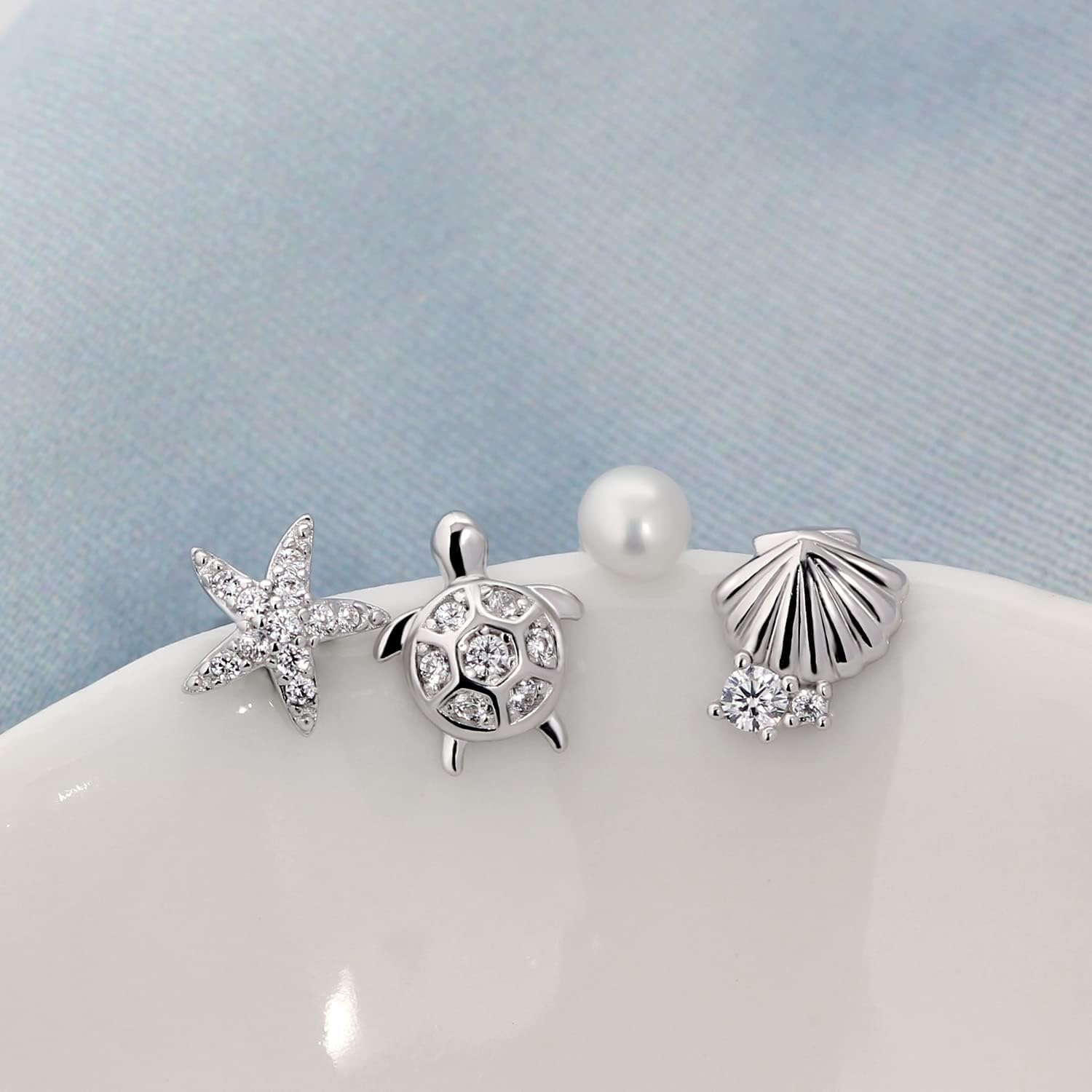 Turtle Seashell Sea Star Earring Set 925 Sterling Silver Hypoallergenic Sea Turtle Stud Earrings with Cubic Zirconia