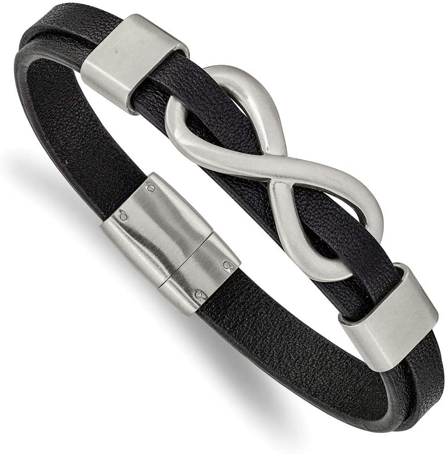 Solid Stainless Steel Men's Brushed Infinity Love Knot Symbol Black Leather 8inch Bracelet 8" (Width = 9mm)
