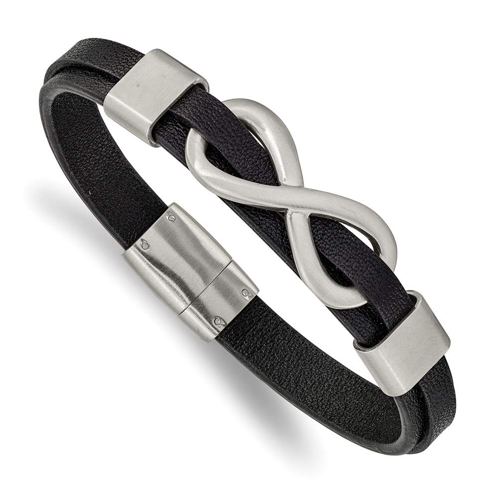 Solid Stainless Steel Men's Brushed Infinity Love Knot Symbol Black Leather 8inch Bracelet 8" (Width