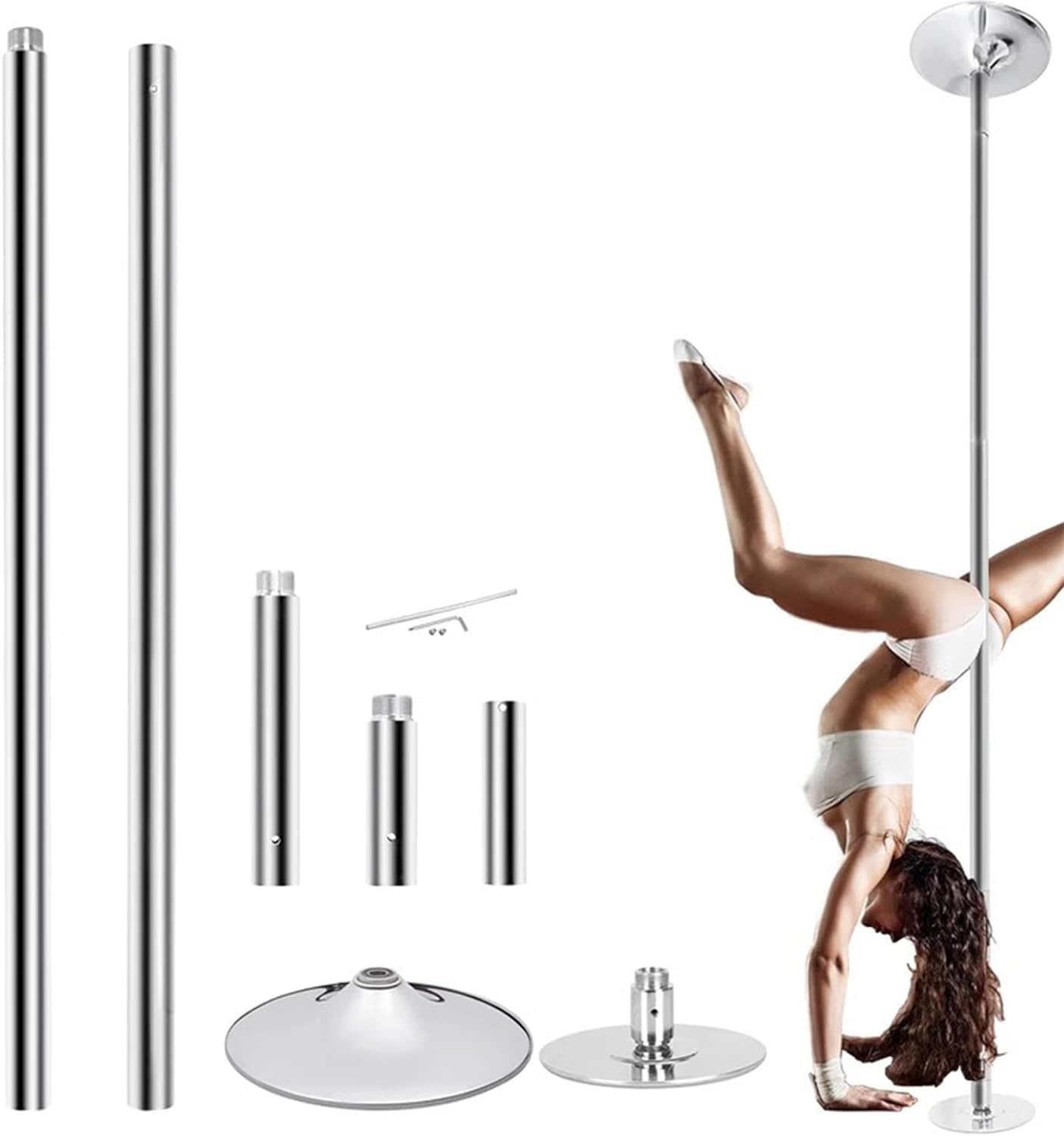 AYCDL Spinning Dance Pole 7.3'-12' Adjustable Height,Portable Removable 45mm Stripper Pole for Exercise Club Party Pub Home, Loads 440lbs,Silver-3.2M-3.4M/10.5ft-11ft