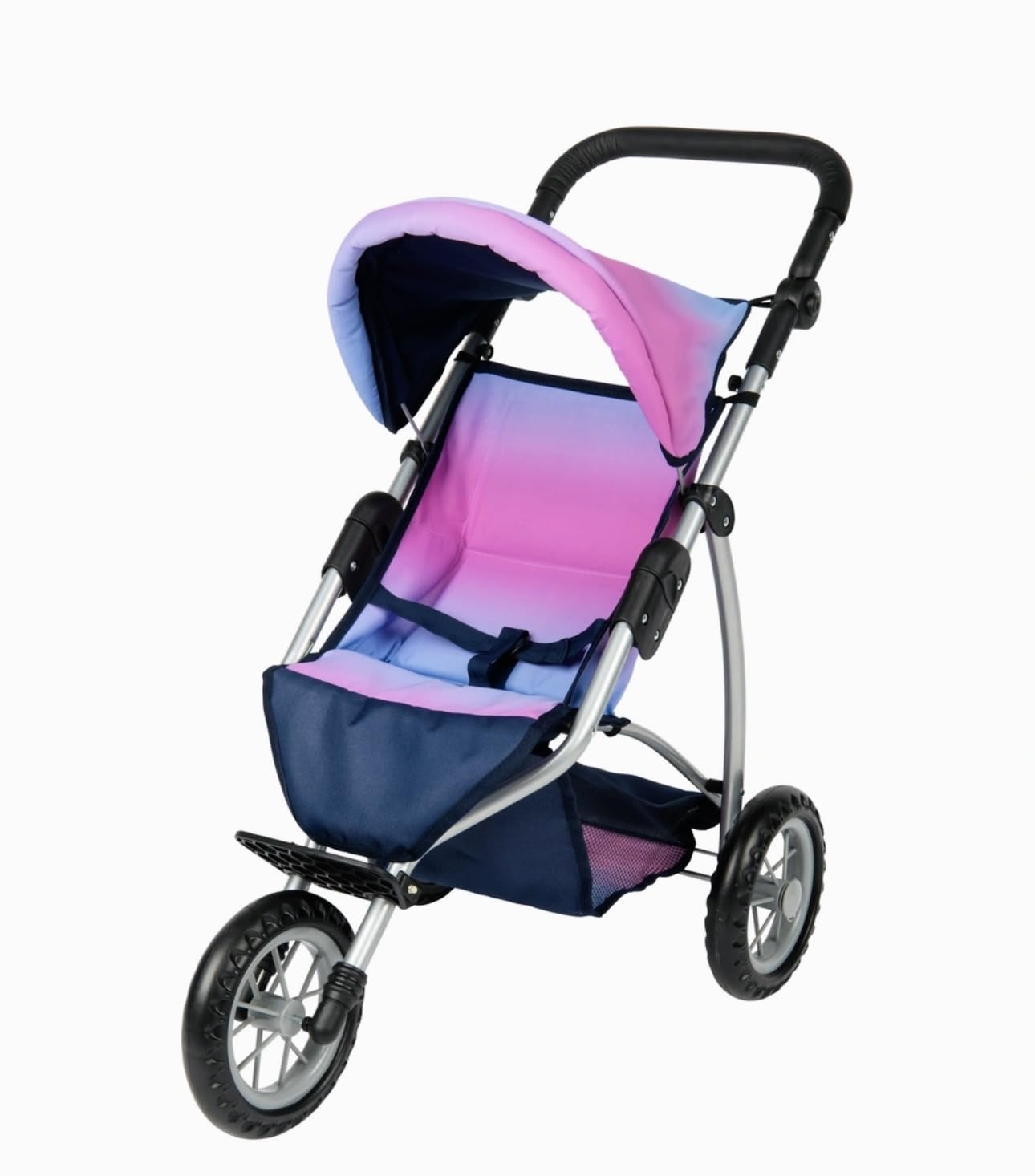 3 Wheel Jogger Doll Stroller, Pink and Blue Gradient, Ivy & Lily Jogger Doll Stroller with Adjustable Handle 77cm Height, Storage Basket