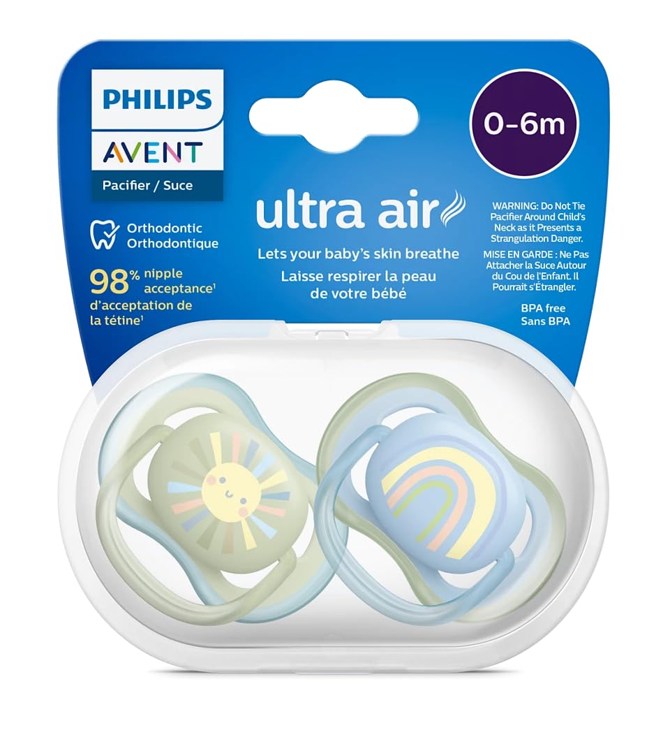 Philips Avent Ultra Air Soother - 2 x Light, Breathable Baby Soothers for Babies Aged 0‑6 Months, BPA-Free with Steriliser Carry Case (Model SCF085/58)