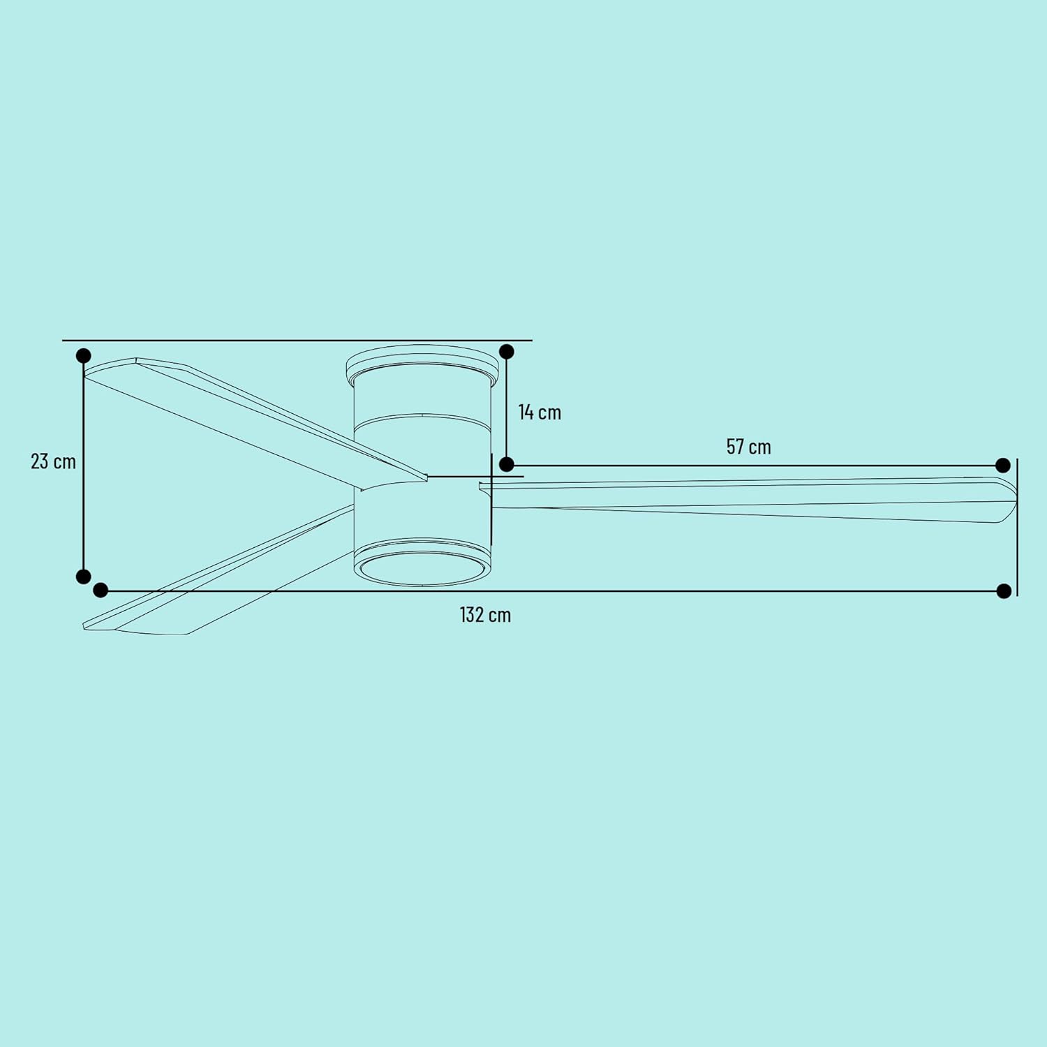 Technical drawing with dimensions of the Noaton Zoya BB ceiling fan