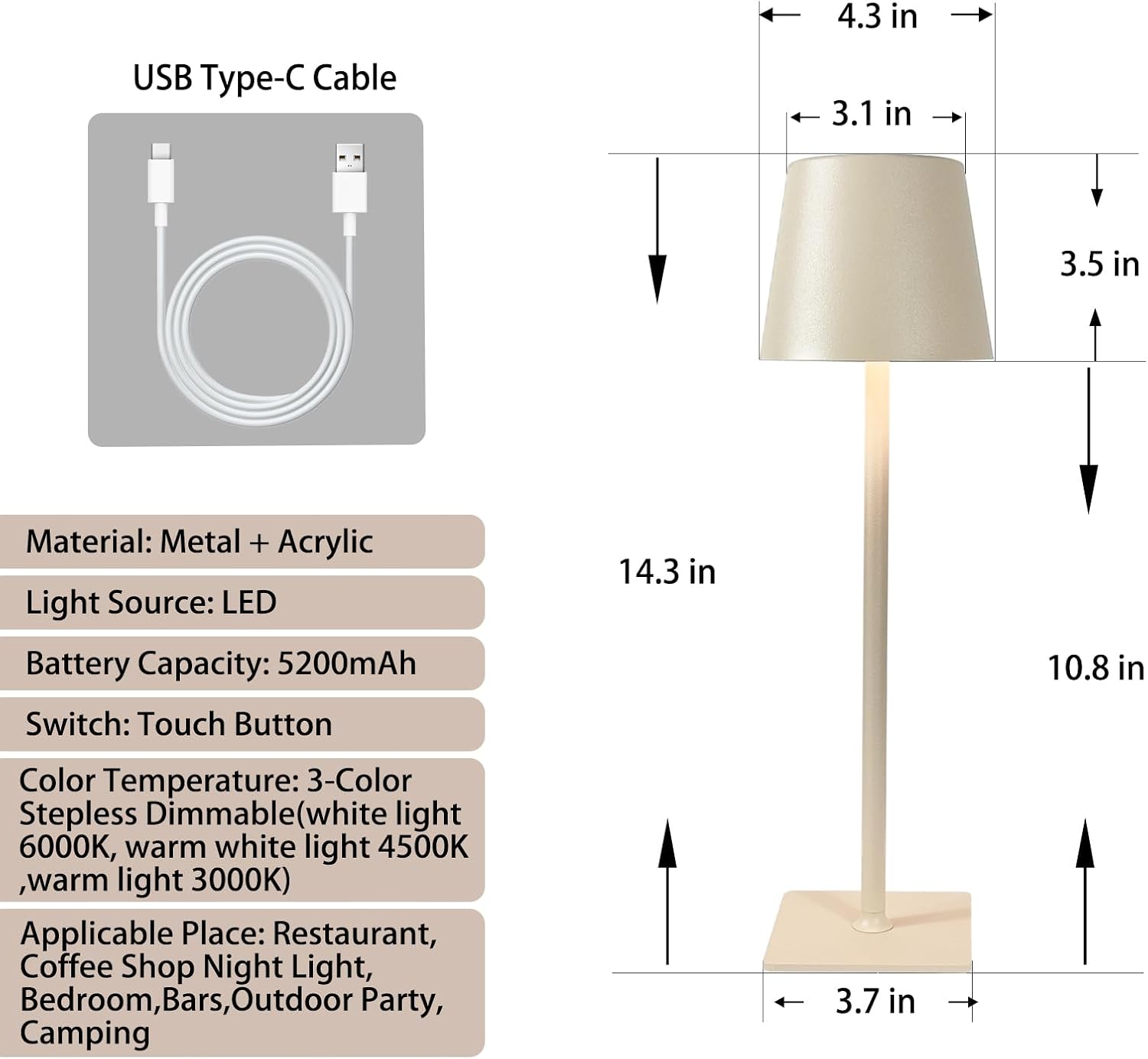 2 Pack Cordless Table Lamp,Portable LED Desk Lamp, 5200mAh Battery Operated, 3 Color Dimmable Table Light for Restaurant,Coffee Shop Night Light,Bedroom,Bars,Outdoor Party,Camping（faint yellow）