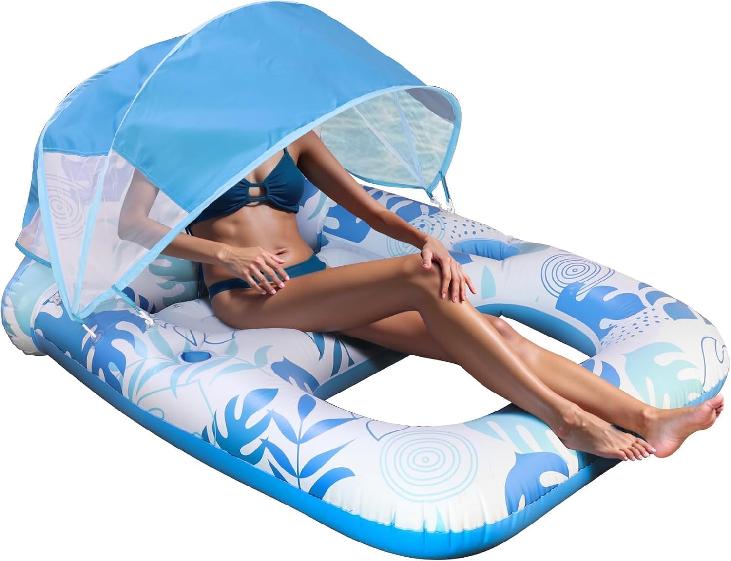 Inflatable Pool Floats Adult with Canopy - UPF 50+ Sun Shade & Face Protection, 330lbs Heavy Duty Floating Lounger, Eco PVC for Pool/Beach/Resort, 2 Air Chambers Design-01