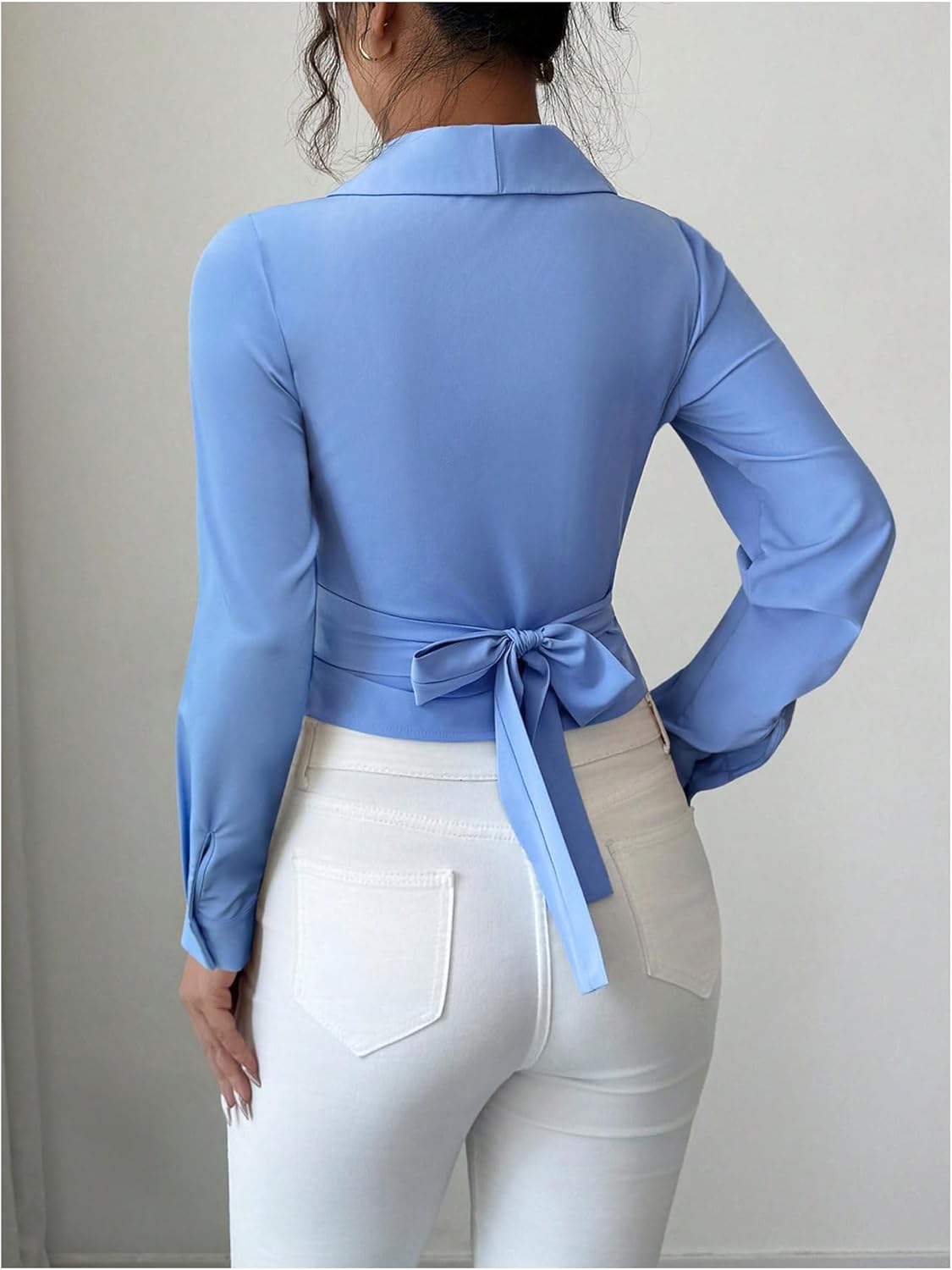 Floerns Women's Elegant Bowknot Long Sleeve Shirts Wrap V Neck Business Casual Blouse Tops - Image 3